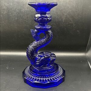 Vintage Mosser Cobalt Blue Dolphin Koi Fish Candle Holder 8”